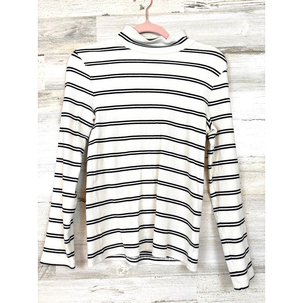 Talbots Womens M Black White Emilia Stripe Ribbed Mockneck Top Casual
